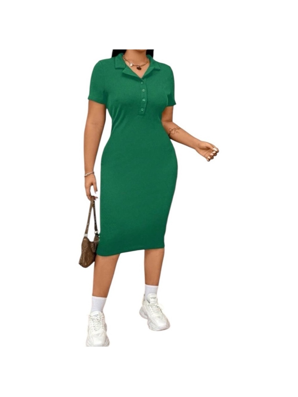 HOUSE OF HARLOW 1960 Ribbed Knit Collared Polo Midi Green Dress. Size M